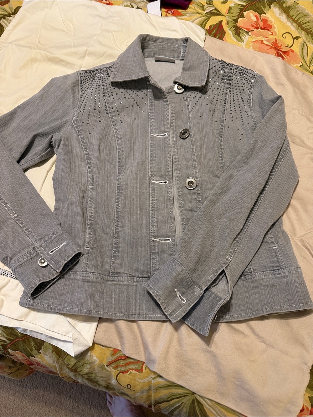 Chico's Grey Denim Jacket with Studded Yoke